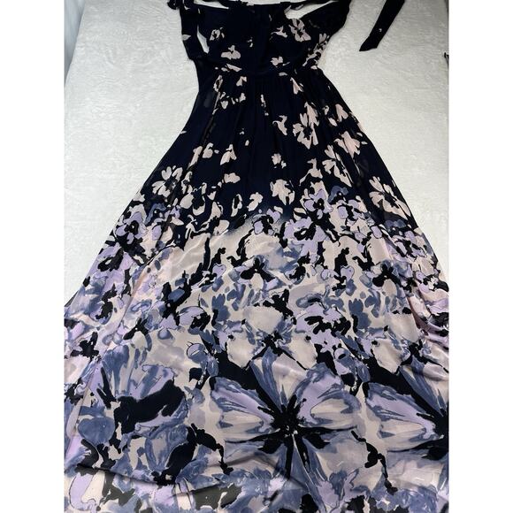 BETSY & ADAM Women Lavender/Navy Tie Neck Chiffon Floral Sleeveless Maxi Dress 6 - Picture 2 of 7